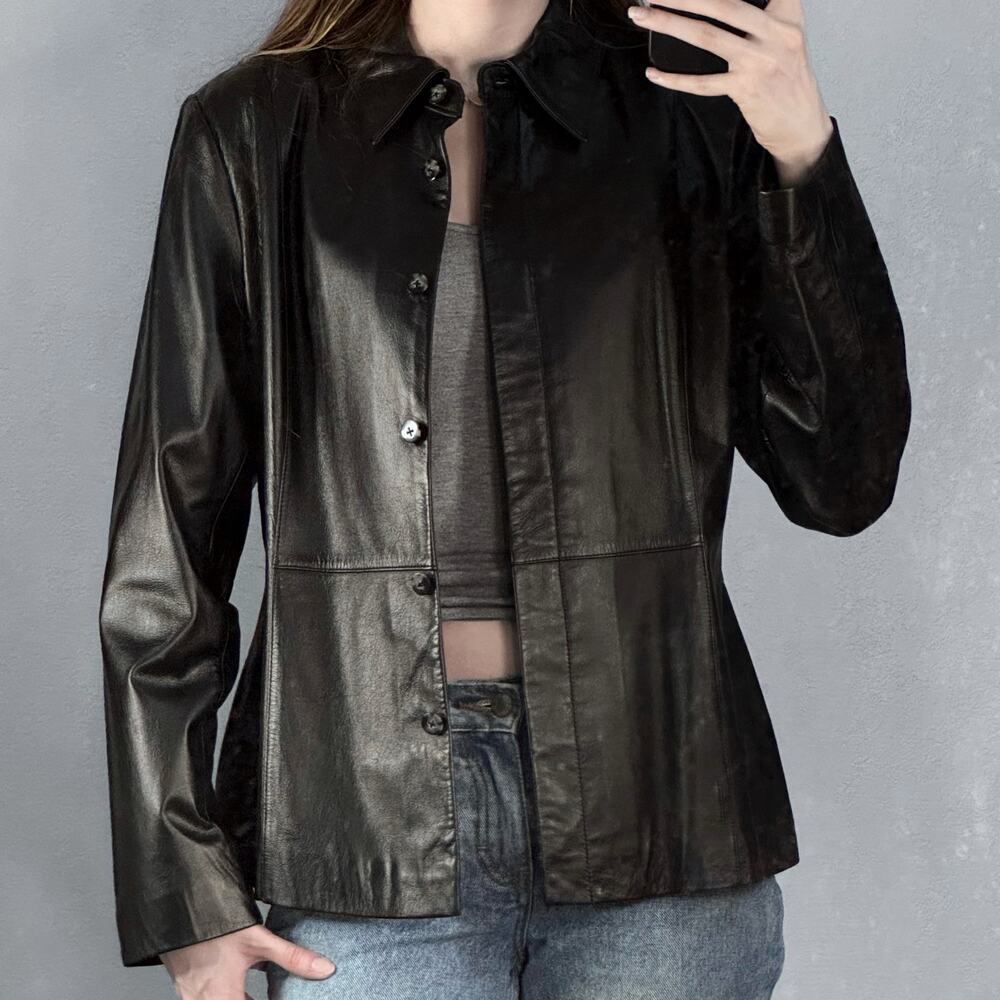 Vintage Black Leather Jacket 90s Y2k Apostrophe SZ 10 Minimalist Model Off Duty